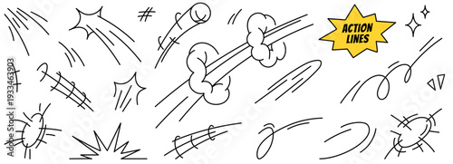 Doodle superhero effects. Comic icons of speed, motion lines, jump, impact effects, flights, explosion symbols. Hand drawn cartoon set. Vector illustration isolated on a white background.