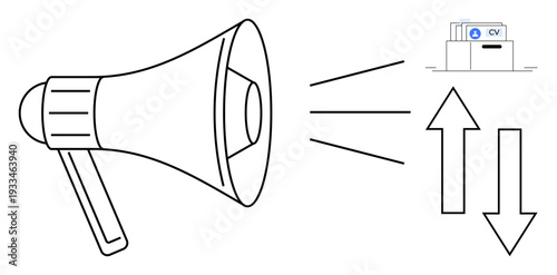Recruitment communication. Megaphone, resume application, and arrows hiring trends, job applications, and career growth. Recruitment for human resources, career planning, job advertising marketing