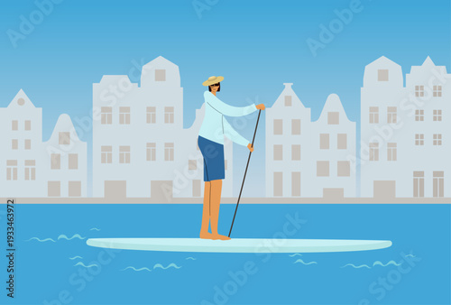 Young European woman standing on sup board, city paddle boarding.