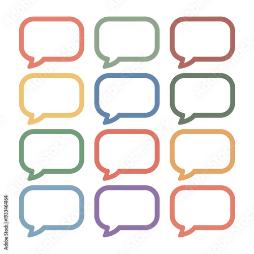 Colorful Speech Bubble Set: A set of twelve speech bubbles in various colors and unique designs, ideal for adding a playful, conversational touch to any design or project.
