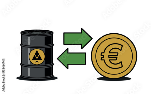 An illustration of oil trading with a barrel and a euro coin exchanging for each other.