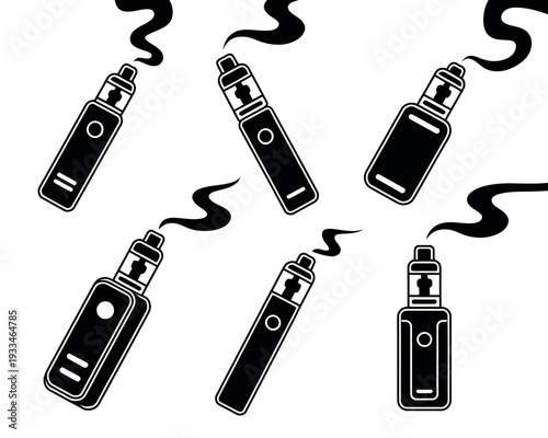 A black and white illustration of several electronic cigarettes with smoke rising from them.