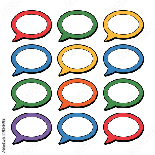 Color Speech Bubble Set: A collection of vibrant and colorful speech bubbles arranged in a grid, ready for text or conversation elements. A versatile graphic resource for conveying thoughts, ideas.