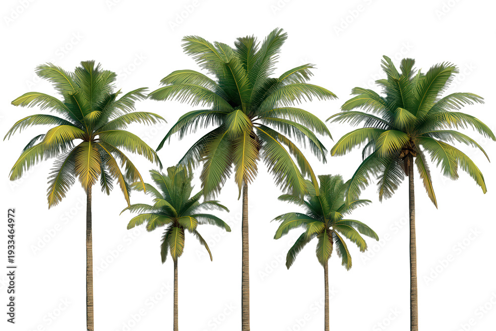 Fototapeta premium Multiple palm trees with green fronds and tall trunks, creating a tropical island or beach holiday feeling on transparent background