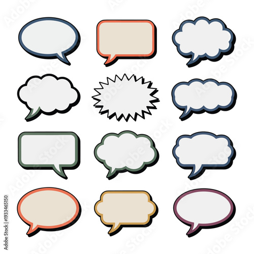 Speech Bubble Collection: A diverse assembly of empty speech bubbles, each with a unique shape and frame, ready to convey thoughts, ideas, and dialogues. 