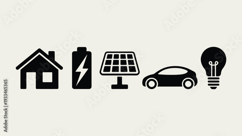 A minimalist vector illustration showcasing eco-friendly energy solutions including a house, battery, solar panel, electric car, and light bulb.