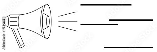 Megaphone emitting sound waves represented by lines, emphasizing communication, broadcasting, marketing, promotion, public speaking, media outreach, and announcements. Ideal for a simple flat