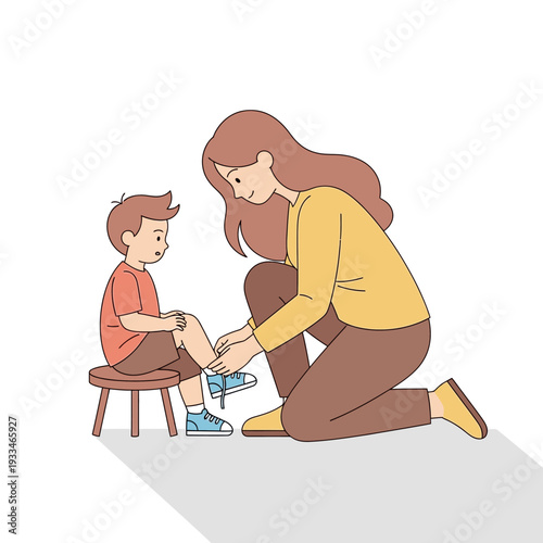 Mother Putting Shoes on Young Son.