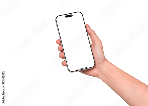 Hand holding smartphone mockup with blank screen isolated on transparent background. Mobile phone with empty display for copy space.
