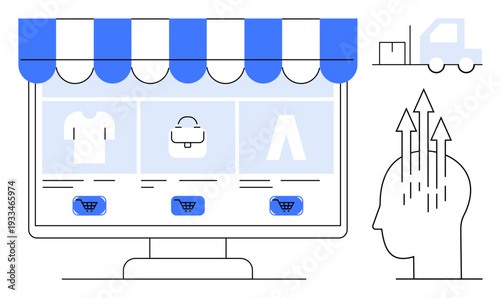 E-commerce theme. E-commerce platform with storefront interface, online shopping cart, and delivery process illustrated. E-commerce transforming digital purchasing and logistics. For retail