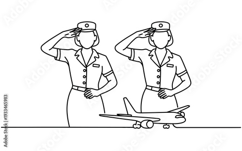 Two female flight attendants saluting in front of an airplane in a simple line drawing.