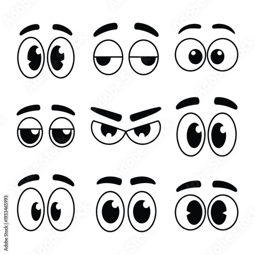 Expressive Eye Set: A collection of various cartoon eye expressions showcasing a spectrum of emotions, from joy and surprise to anger and contemplation.