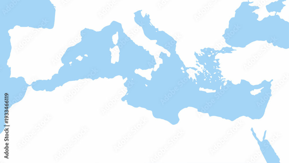 Obraz premium Mediterranean Sea Map: A minimalist, high-angle depiction of the Mediterranean Sea, offering a geographical overview. This image features detailed coastlines and accurate territorial outlines.
