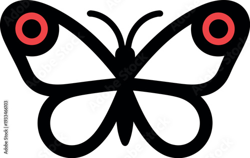 A stylized illustration of a butterfly with red eyes on a white background