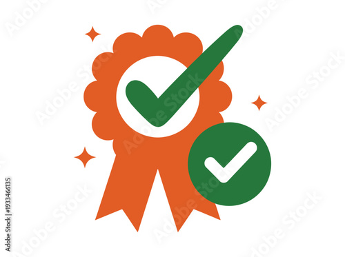 A graphic illustration of a green checkmark on an orange rosette ribbon with sparkles, symbolizing achievement and success.