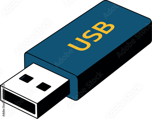 A blue USB flash drive with a yellow logo on a white background