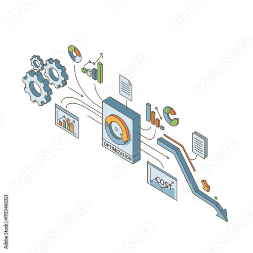 Isometric illustration of a business optimization process showing data input, analysis, and cost reduction, with gears and charts.