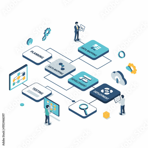Isometric illustration of a data management and software development lifecycle process with planning, data mapping, development, testing, and deployment stages.