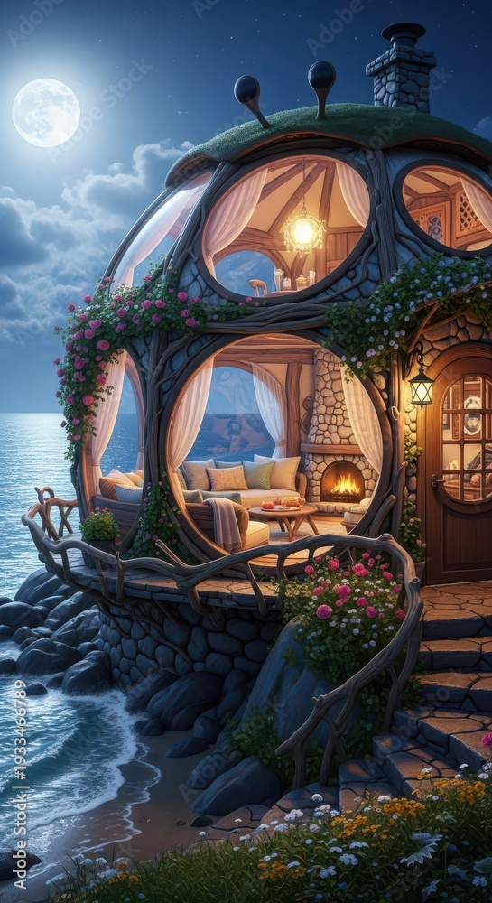 Obraz premium Enchanting spherical dwelling nestled against a rocky coastline illuminates the tranquil night scene under a full moon