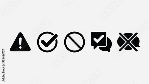 A modern vector illustration featuring six black icons on a light gray background, including warning signs, checkmarks, and flat design symbols, conveying caution and approval.