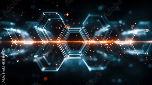 Abstract glass hexagons connected by glowing energy line in futuristic laboratory environment. High tech background symbolizing nanotechnology research