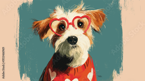 Doodle dog wearing a red heart sweater with heart-shaped glasses. Dog wearing red heart sweater and glasses for Valentine