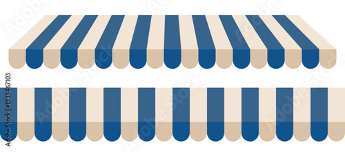 Striped shop awning canopy isolated isolated on transparent background. Blue beige store tent roof facade vector Illustration
