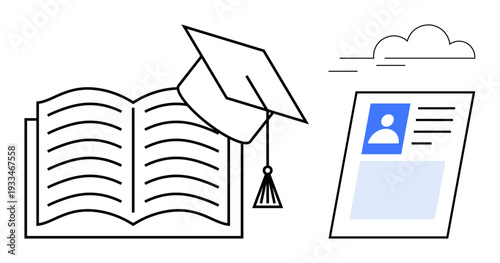 Education concept. Open book, graduation cap, and digital profile learning, achievements, and digital identity. Education for students, schools, online learning resumes and career progress