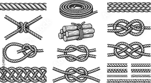 Wavy rope curve set. Repeating hemp cord stripes collection. Wavy loop tie braid bundle. Seamless black and white plait pattern. Vector marine twine design elements for banner, poster, frame, border