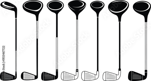 Vector graphics of various golf clubs and drivers in black and white