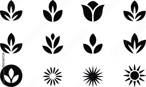 Vector floral icons set black silhouettes of tulips and leaves on white background