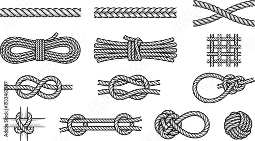 Wavy rope curve set. Repeating hemp cord stripes collection. Wavy loop tie braid bundle. Seamless black and white plait pattern. Vector marine twine design elements for banner, poster, frame, border