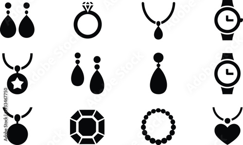 Vector graphics of various jewelry items including necklaces earrings rings and watches in black silhouette