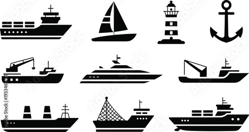 Vector nautical icons set ships boats lighthouses and anchors