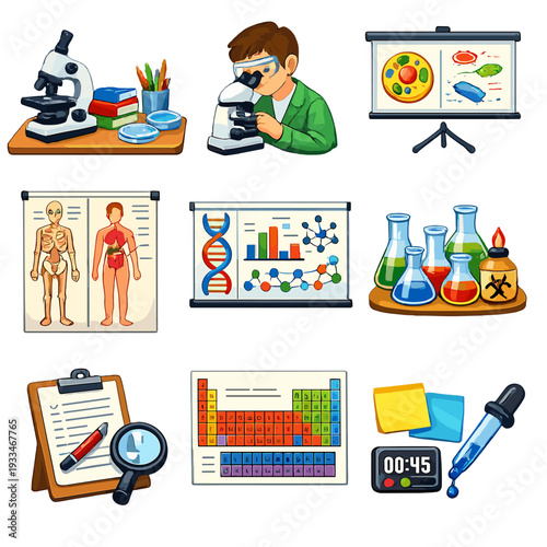 Educational science concepts: experiments, microscopes, and chemistry icons