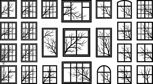 Silhouette of window and tree branches. Gobo mask.
