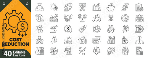 Cost reduction line icons set. Editable stroke outline vector collection for budget management, expense control, financial optimization, business efficiency and savings strategy.