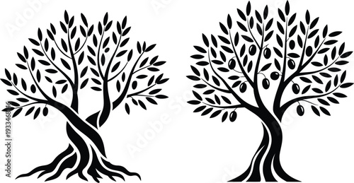 Vector illustration of twin trees with interconnected roots and branches in black and white