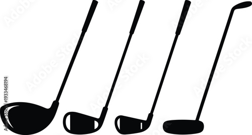 Vector graphics of various golf clubs in black silhouette on white background