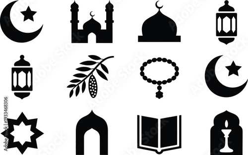 Vector islamic symbols and icons set mosque crescent moon star lantern prayer beads quran arch and more