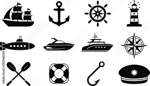 Vector nautical icons set including ship anchor lighthouse and more