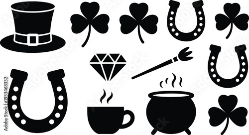 Vector graphics of lucky symbols including horseshoes claddagh four leaf clover top hat diamond and cup of coffee