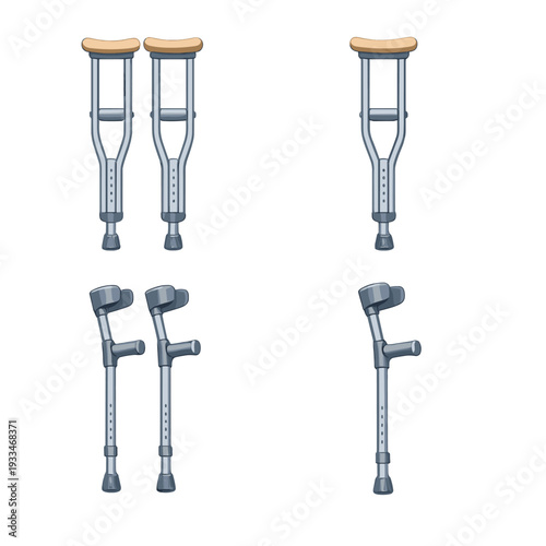 Variety of medical crutches: standard and forearm designs on gradient background