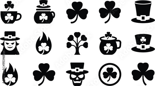 Vector st patrick's day icons set with shamrocks hats and cups