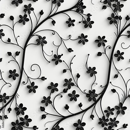 A solid white background with an intricate floral vine pattern featuring small flowers, 3D debossed style, high relief, bold black outlines, and monochromatic vector art aesthetic.