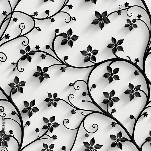 An intricate floral vine pattern with small flowers, 3D debossed style, high relief, bold black outlines on a solid white background, monochrome, vector art aesthetic