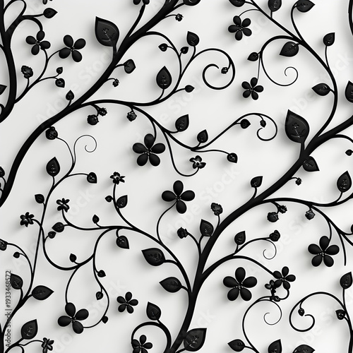 An intricate floral vine pattern with small flowers, 3D debossed style, high relief, bold black outlines on a solid white background, monochrome, vector art aesthetic