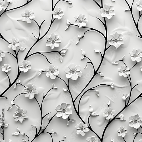 A delicate floral pattern with small flowers, created in a 3D puffed style, on a solid white background