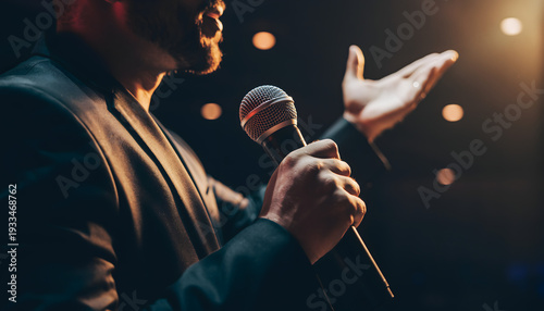 Inspiring Public Speaker Holding Microphone Under Stage Lights