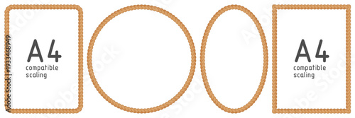 Rope frames. Set of string borders made of brush. Rectangular, A4 compatible, round, oval, shapes for decorative sea, nautical, western designs. Vector illustration isolated on white background.